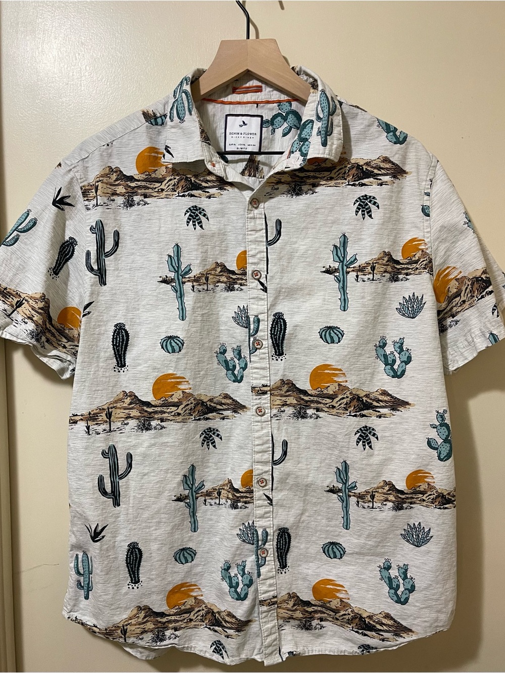 Denim & Flower Desert Cactus Print Short-Sleeve Shirt - White, Teal, Mustard
